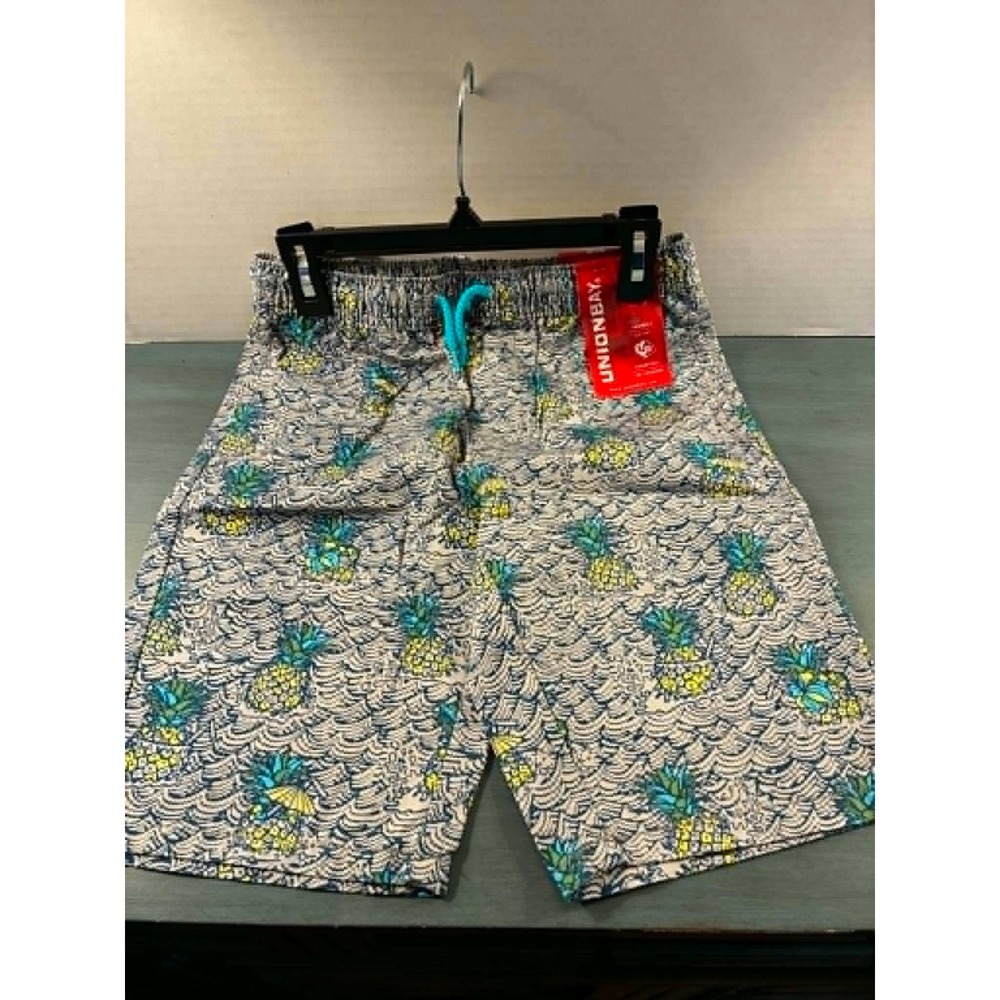 Unionbay Pineapple‎ Wave Print Shorts Blue Yellow Cotton Size S 7/8 NWT